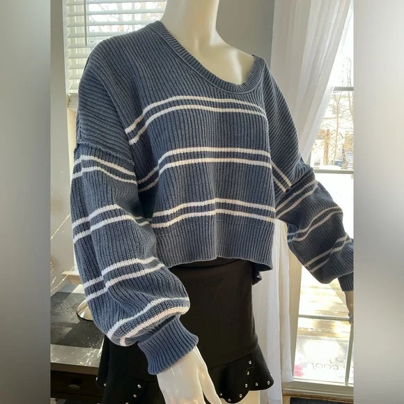 Aerie Blue and White Striped Chunky Drop Shoulder Slouchy Career Woman Medium - Picture 12 of 16